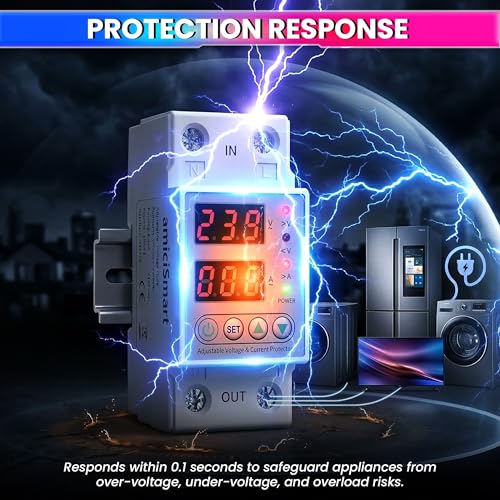 Image of amiciSmart Automatic Over /Under Voltage and Over Load Protection (Adjustable Setting) with Auto Re-Connect LED Display Standard Din-Rail Mounted Single Phase 220V, 63A (13.8kW)