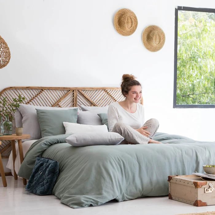 Henko - Funda Nordica Cama 135 - Algodon y Lino - Color Salvia - Fabricado en España - 220x220 cm - Cierre con Botones Ocultos. (Memphis Salvia)