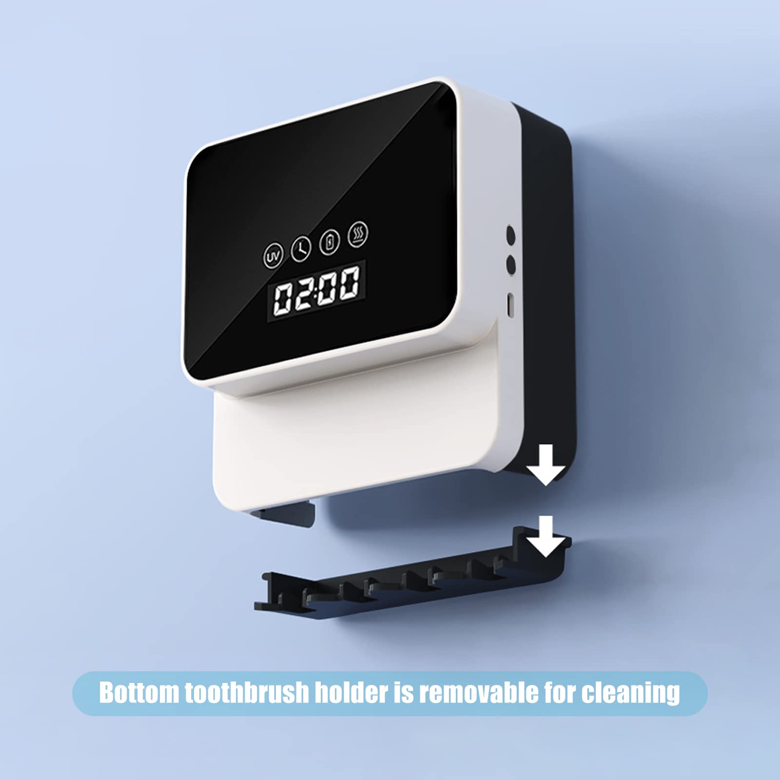 UV-Zahnbürsten-Desinfektionsmittel mit Digitalanzeige, an der Wand montierter Zahnbürstenhalter und -ständer, wiederaufladbar über USB, 4 Steckplätze, für Badezimmer und Waschraum (Weiß)