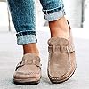 FMOGE Womens Flat Mule Sandals Summer Clogs Suede Flat Slipper Round Toe Backless Slip on Loafer Shoes Comfy Closed Toe Lady Fashion Boat Shoes #1