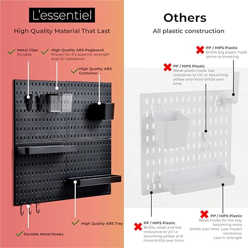 L’essentiel Home and Office Wall Organiser Pegboard 56 * 56cm Complete Set (4 Tiles of 28 * 28cm) and Accessories (Black, 4 Panels Set)