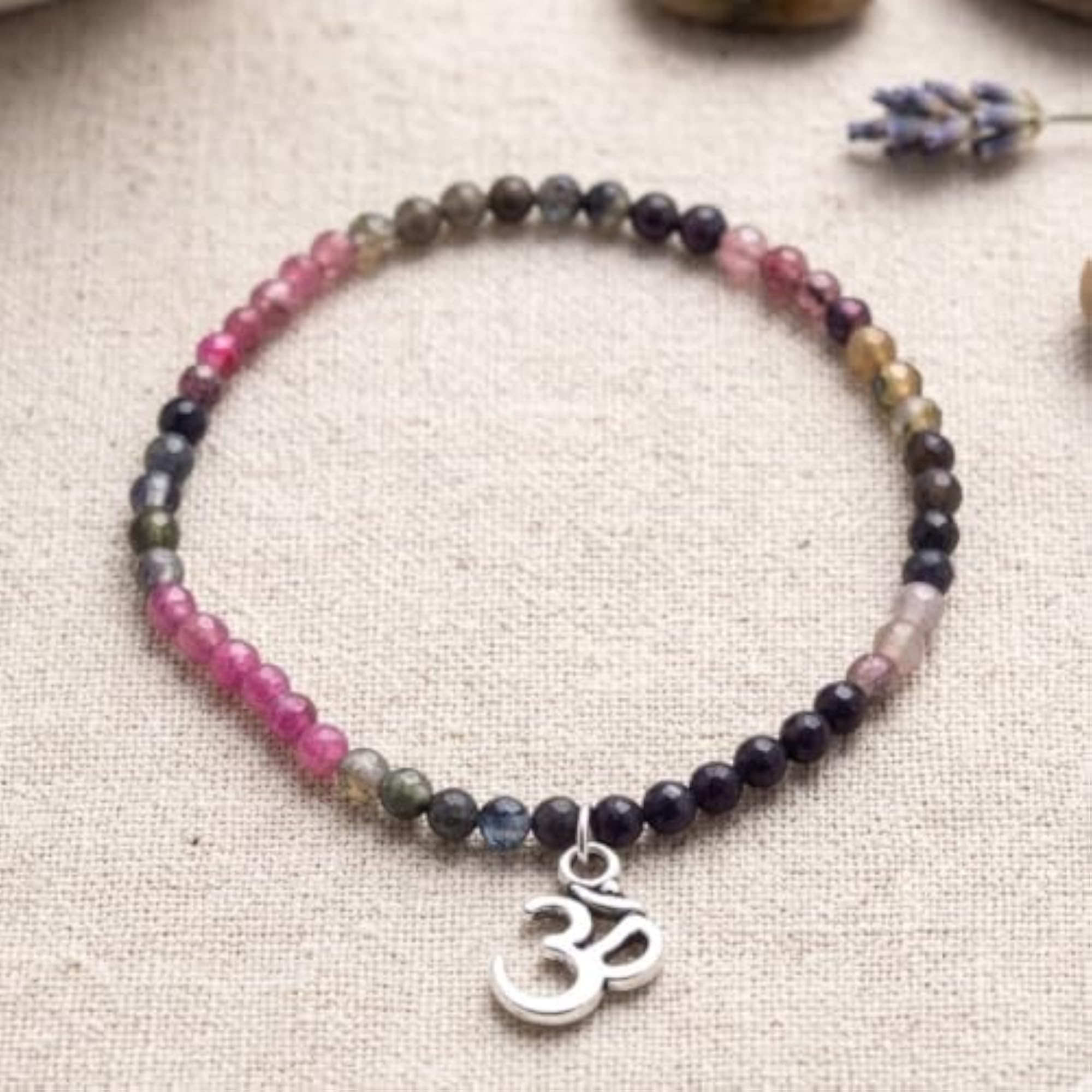 Natural Tourmaline Stone Bracelet with Om Charm