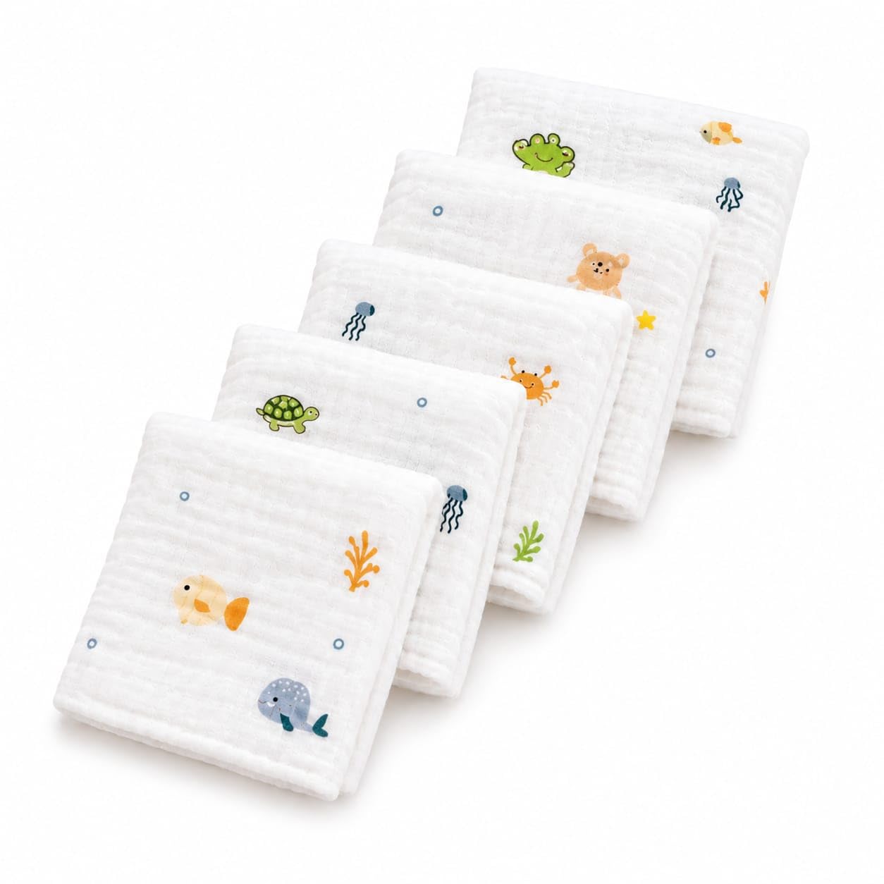 6 Layer Muslin Baby Washcloth | Soft & Lightweight Cotton Cloths | Breathable Baby Wipe, Burp & Feeding Cloth | Cute Assorted Prints | 25Cm*25 Cm | Face Towel | Baby Handkershief | Pack of 5-image-35
