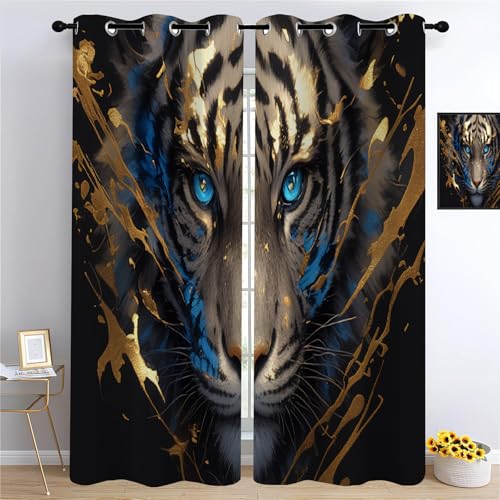 YUEAHOL Tigre Pintado Cortinas Opacas, Arte Abstracto Cortinas Termicas Aislantes Frio y Calor Cortinas Blackout con Ojales 2 Piezas para Dormitorio, Salon y Cocina 140 x 245 cm