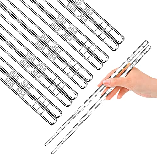 5 Pairs Japanese Metal Reusable Chopsticks for Sushi Sashimi Noodles Rice Asian Dishes, Superior Chinese Anti-Slip 304 Stainless Steel Chop Sticks Gift Set Dishwasher Safe for Cooking & Dining, Silver
