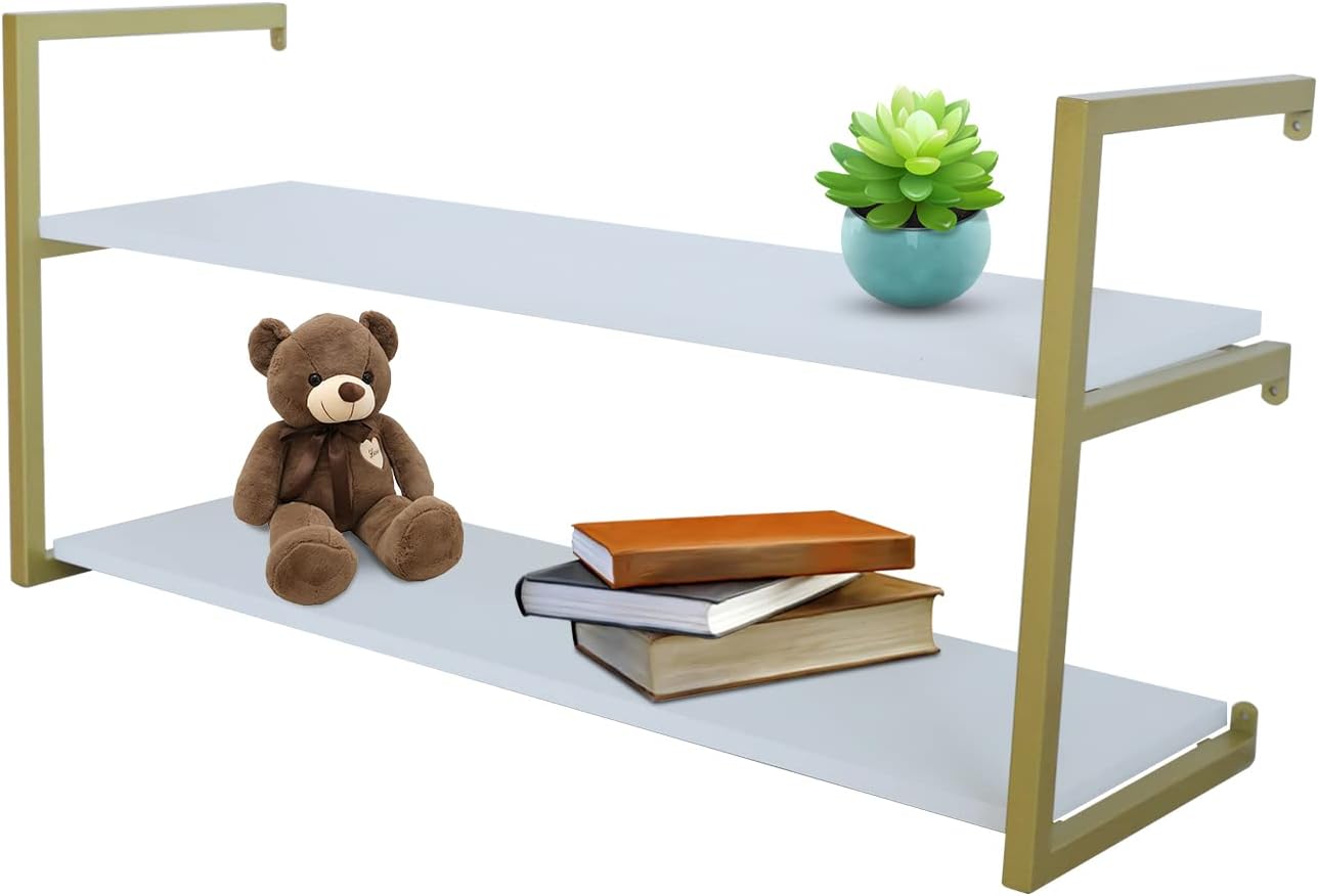 Xuthusman 36Inch Wall Mounted Floating Shelves 2 Tier Wood Wall Shelves Bookshelf for Living Room, Office, Bedroom Gold (2 Tiers)