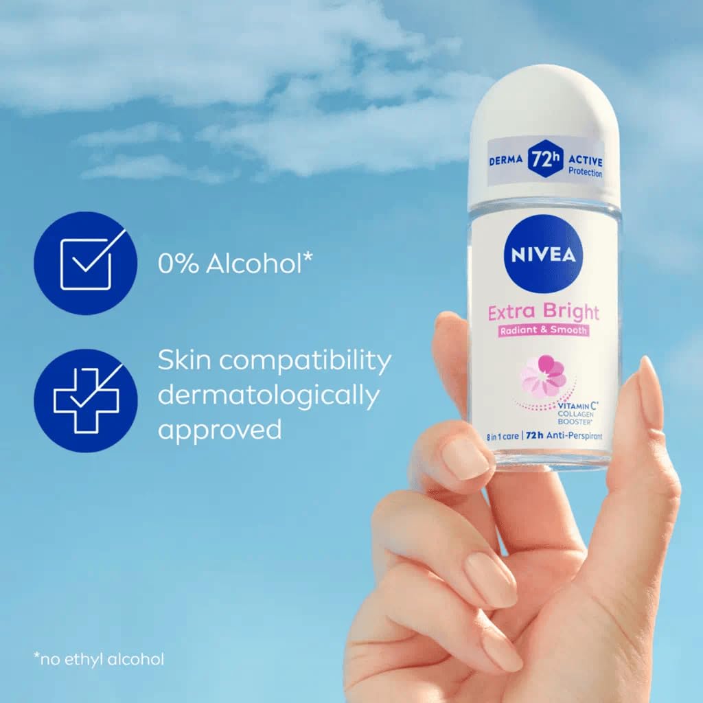 NIVEA Extra Bright 8 Super Food Vitamin C Collagen Booster Underarm Roll-On Deodorant, Alcohol-Free, 72HR Odor Protection, Smooth & Bright Skin, 50ml, 1.69oz, Pack of 3 - Image 5