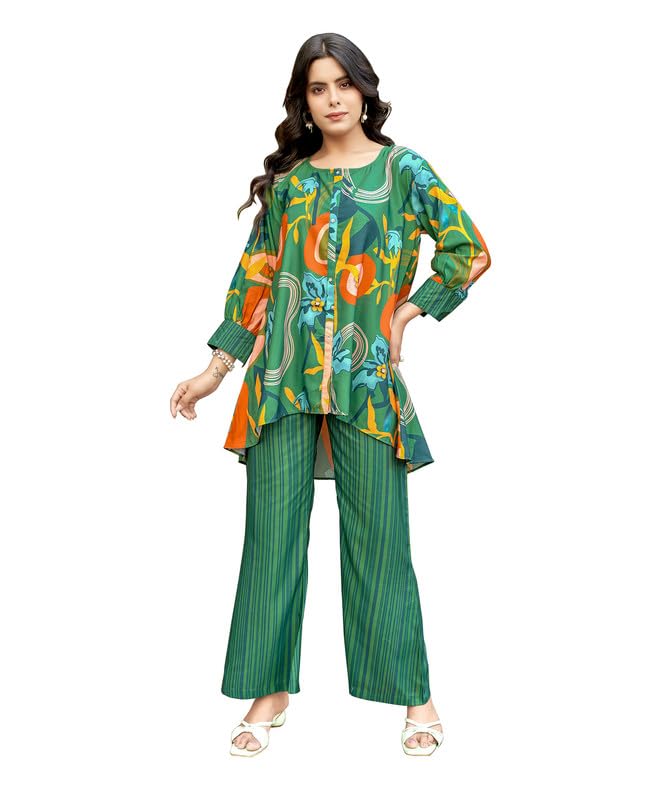 Women's Rayon Floral Printed Party Co-ord Set | Rayon Blend Cords | Printed Co-Ords | Fusion Wear Tunic and Palazzo Cords | Fusionwear Top and Pant for Women (MJ0710-S)