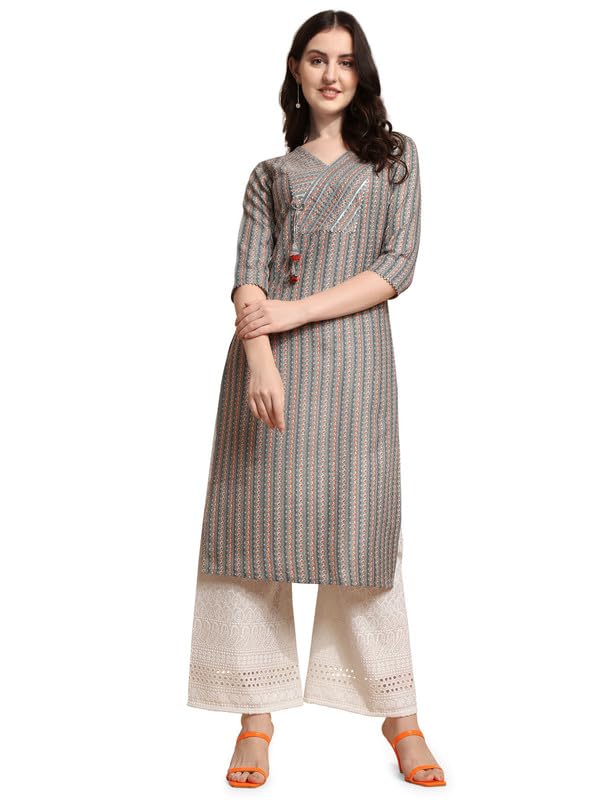 Nainvish Women's Cotton Blend Straight V-Neck Printed Kurta (Sd417_K-Xl._Grey)