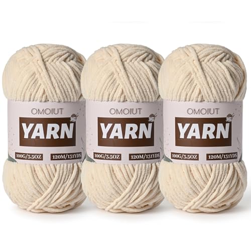 Image of 3 Packs Plush Chenille Chunky Crochet Yarn - Baby Yarn for Crocheting Soft - Velvet Yarns Knitting for Blankets Crafts - Fluffy Amigurumi Yarns 300g / 393yd (3 Beige)