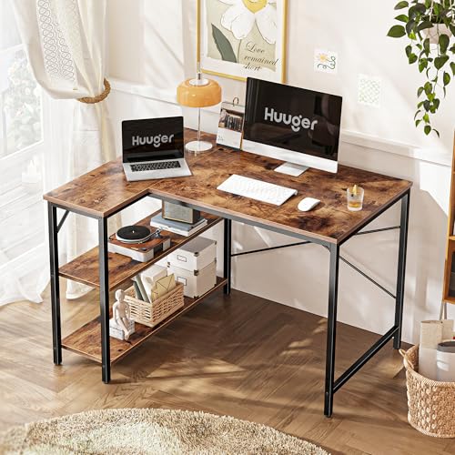 Huuger L Shaped Desk, 39 Inches Computer Desk with Reversible Storage Shelves, Gaming Desk, Corner Home Office Desks, Writing Study Desk with Metal Frame, Rustic Brown