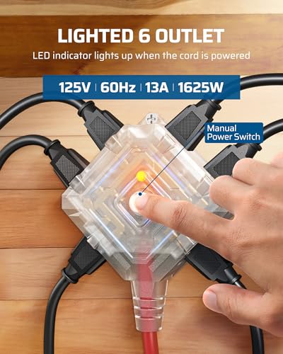Image of DEWENWILS 6 Grounded Outlets Retractable Extension Cord Reel, 50FT Heavy Duty Power Cord, Llluminatedn /off Switch, Wall /Ceiling Mounted for Garage, Workshop, ETL Listed, Red