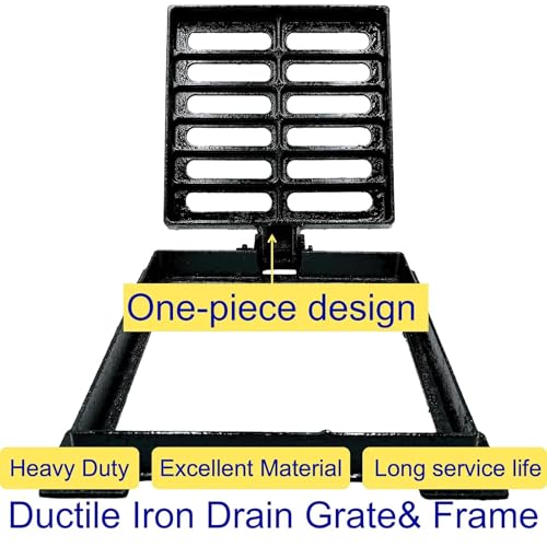 MOSINSBO Cast Iron Drain Grate and Frame 10x10 in, B-Class 28100 lbs Heavy-Duty Driveway Channel Cover, Outdoor Trench Drainage Grate with Base, Square Metal Sewer Cover for Garage (True 9.8\" ISL)