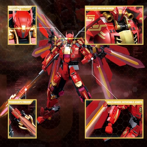 Image of Red Mecha Building Set 511 Pieces Winged Robot Action Figure with Halberd Weapon Fully Articulated Warrior Construction Toy, Collectible Anime Model Kit Gift for Adults Teens