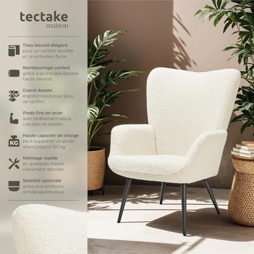 Fauteuil scandinave rembourré bouclette crème dossier ergonomique accoudoirs acier 72x76x100cm - vue 5