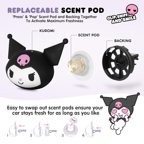 Image of Sanrio Kuromi Car Air Freshener for Cars Trucks SUVs, Hello Kitty and Friends Cute Car Accessories for Women Car Decor Hello Kitty Car Accessories, Replaceable Scent Pods - Midnight Lavender Scent