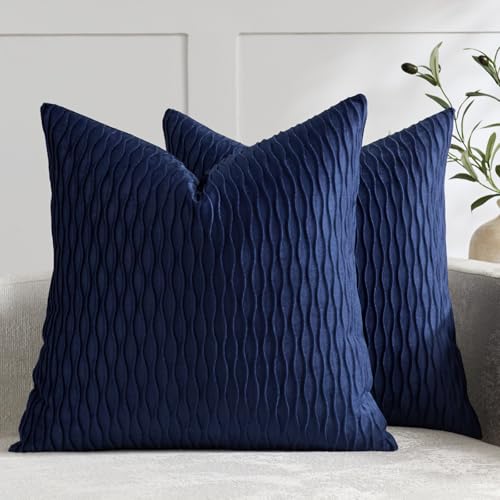 DEZENE Navy Vertical Ripple Striped Couch Pillow Cases: Pack of 2 18x18 Inch Velvet Square Throw Pillow Covers for Couch Sofa Bed Living Room Home Decor