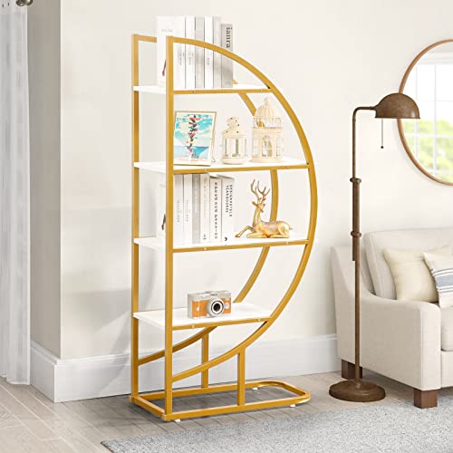 Vrullu 4-Tier Bookshelf, Storage Shelves With Steel Frame, Modern Half Moon Display Bookcase Standing Organizer, Decorative Gold Book Shelf With Adjustable Feet For Bedroom, Living Room, Office (1) #TOP21