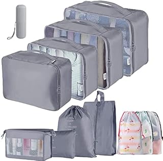 Travel Organiser Packing Cubes, Venkaite 9 PCS Multifunction Travel Cubes Luggage Organiser Packing Bags Waterproof Travel Compression Suitcase Bag Travel Essential Bag(A-Grey)