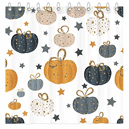 Allenjoy Juego de cortinas de ducha con ganchos para otoño y Halloween, Acción de Gracias, cosecha, puntos dorados, decoración de bañeras de baño, lavable, tela de poliéster duradera de 183 x 183 cm