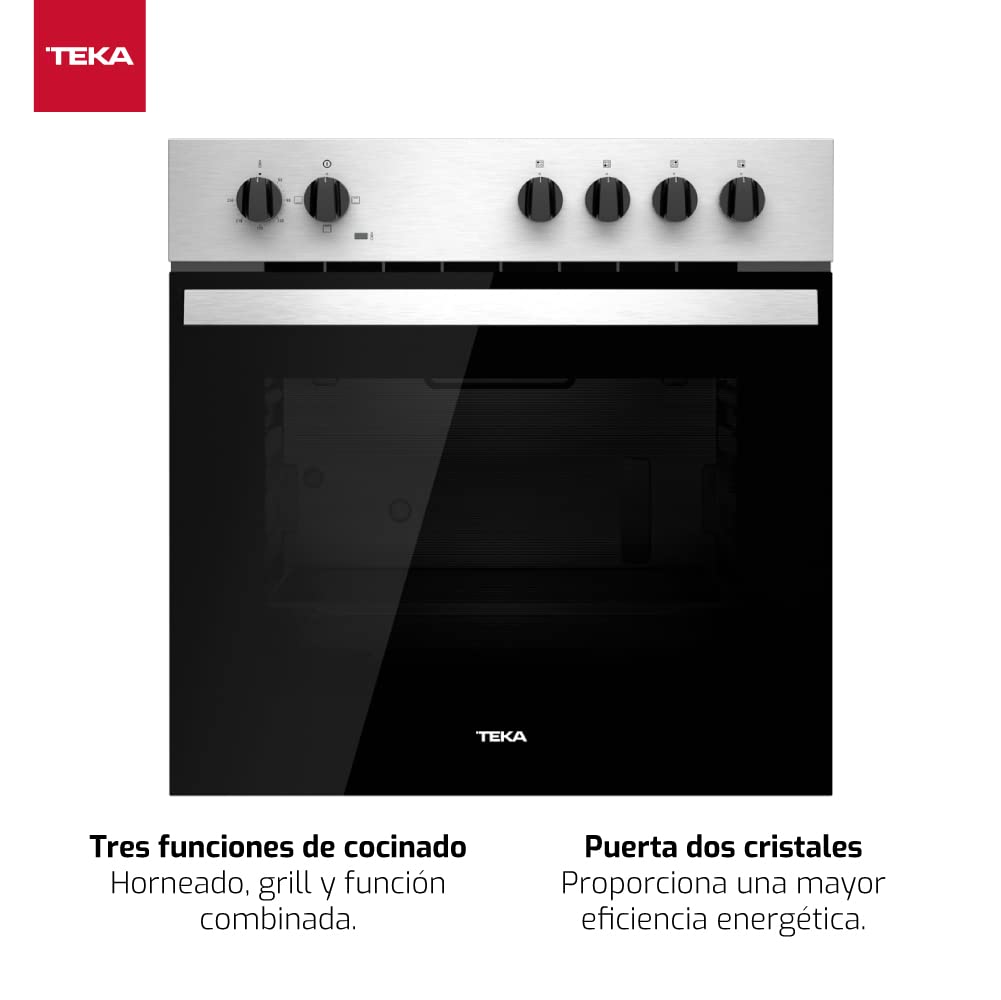 Teka HBE 435 ME - Horno Polivalente Convencional de 60 cm, 3 Funciones de Cocinado, Puerta 2 Cristales, Bandeja Profunda Esmaltada, Color Acero Inoxidable