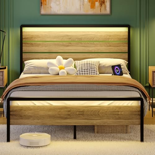 VINGLI Full Platform Bed Frame with LED Headboard & Footboard, 2 AC 2 USB 1 Type-C Charging Ports, 12-Inch Under-Bed Storage Space, Heavy Duty Metal Double Bed, Modern Apartment Bedroom,Wash Gray