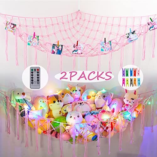 Unicorn Castle Stuffed Animals Hammock Net Toy Storage Organizer With Led Light, 2 Pack Hanging Stuffed Animals Storage Holder Corner Toy Storage For Nursery Kids Room Playroom Bedroom #TOP30
