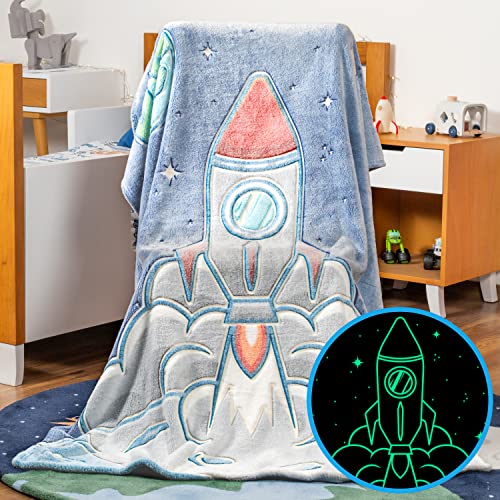 GLOWING SNUGGLES Glow in The Dark Space Throw Blanket -Planet Star Rocket Outerspace Decor- Boys Girls Birthday Space Toys (Copyrighted/Utility Patent on Large Design)(Space, Crib)