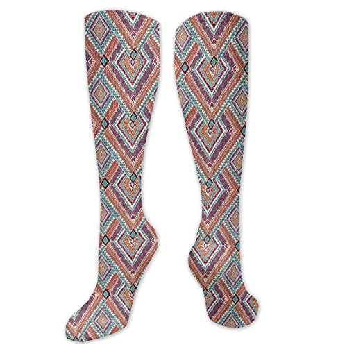 GULTMEE Ethnic Fashion Compression Socks,Rhombus Pattern With Colorful Zigzags Spirals And Squares Performance Polyester Cushioned Athletic Crew Socks for Running,Athletic,Multicolor- 19.8 inch