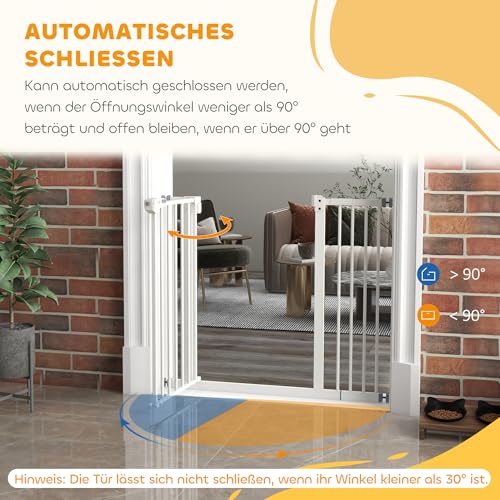 PawHut Türschutzgitter Treppenschutzgitter mit 14 cm Verlängerung Türgitter ohne Bohren mit Auto-Close Treppengitter für Breiten 74-94 cm Beidseitig Schwenkbar Metall Weiß