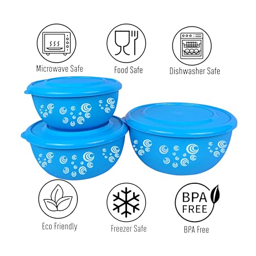 Image of Microwave Safe Stainless Steel Food Storage Container with Lid | Euro Mixing Bowl Set for Kitchen | 500ml, 800ml, 1250ml | Pack of 3 | Leak-Proof (Classic Blue Spiral 3)