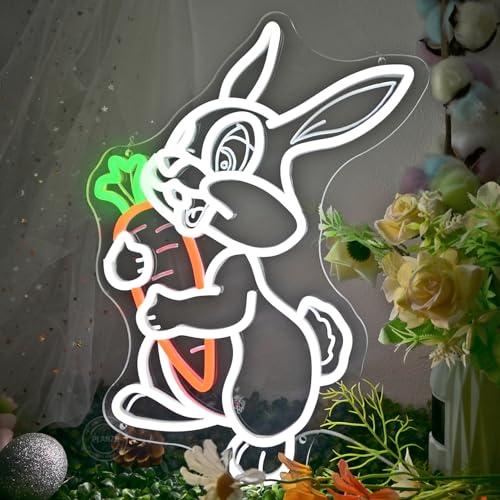 Image of Planzo Easter Neon Light Sign Bunny Carrot Bedroom Kids Room Wall Sign Decor Bar Shop Office Home Easter Eggs Sign Birthday Christmas Gift Jesue USB 16.9 inch X 11.8 inch
