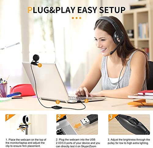 1080P Webcam, HD-Webcam mit Mikrofon Licht, USB PC Camera Sichtfeld mit 90° Plug-and-Play,Webcam mit Stativ für Zoom/Skype/Teams, Konferenzen und Videoanrufe – Bild 5