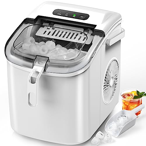 FREE VILLAGE Countertop Ice Maker, Portable Ice Maker w/Handle, 6 Mins 9 Pcs Ice, 26 lbs Ice/24Hrs, Self-Cleaning, w/Ice Bags, Scoop & Basket, Ice Machine for Home/Kitchen/Office/Party, White