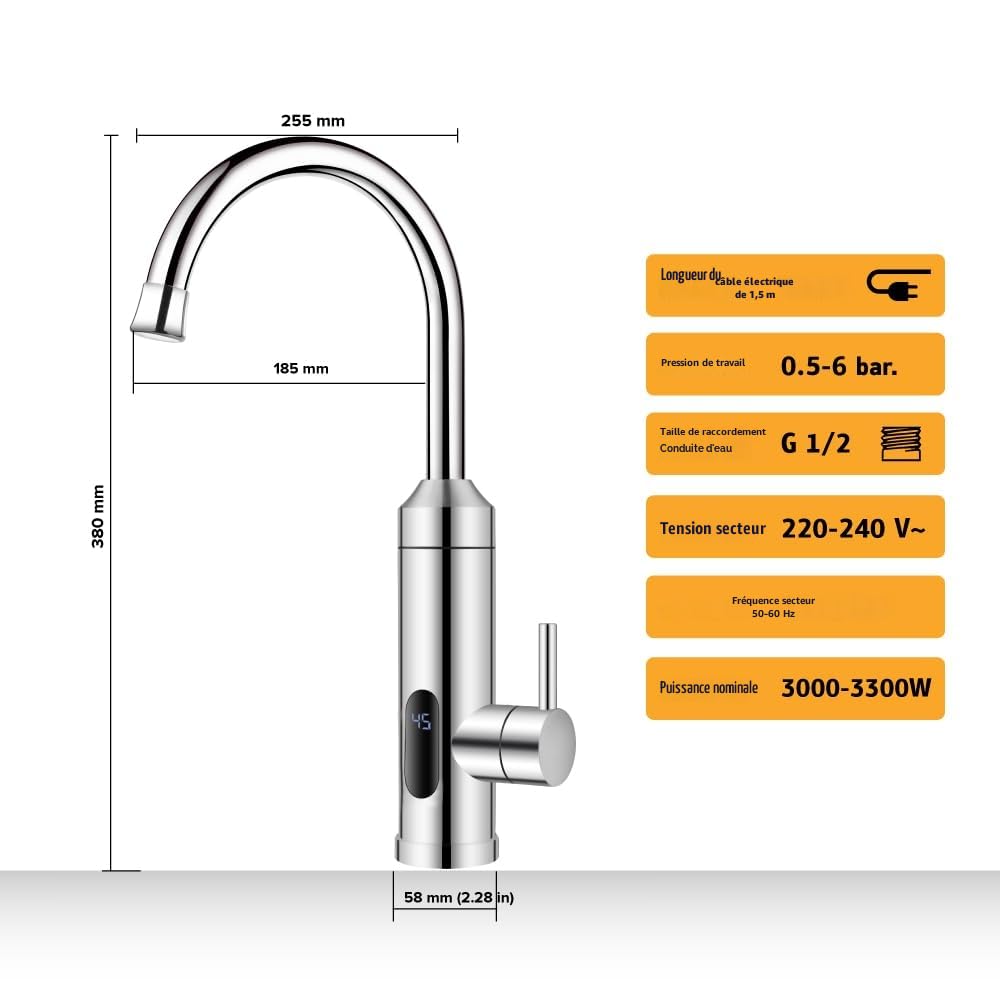 HOGART Robinet électrique avec chauffe-eau instantané 230 V pour cuisine, jardin, salle de bain, caravane, camping, chauffage intelligent, robinet avec chauffe-eau instantané, robinet d'eau chaude