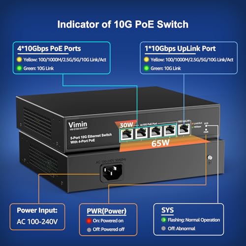 Image of 4-Port 10G PoE Switch with 10G Uplink Port, VIMIN 4-Port 10Gbe PoE Network Switch, Auto-Negotiation, for 10G NAS Network, Support IEEE802.3af /at, Plug & Play, 65W, 100Gbps Switching Capacity