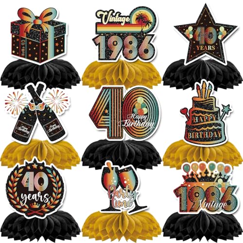 Hokinaa Vintage 40th Birthday Decorations - 9 Pcs Retro Sunset Party Paper Table Honeycomb Centerpieces Happy Cheers to 40 Year Old Back in 1986 Bday Photo Booth Props Decor Supplies for Men Women