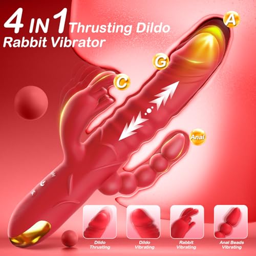Image of SUPOLA Thrusting Rabbit G Spot Dildo, 4 in 1 Sex Toys for Women, Red | 3 Thrust & 10 Vibration Modes with Anal Clitoral Stimulation, 4 Powerful Motors, Soft Silicone, Waterproof, USB Rechargeable