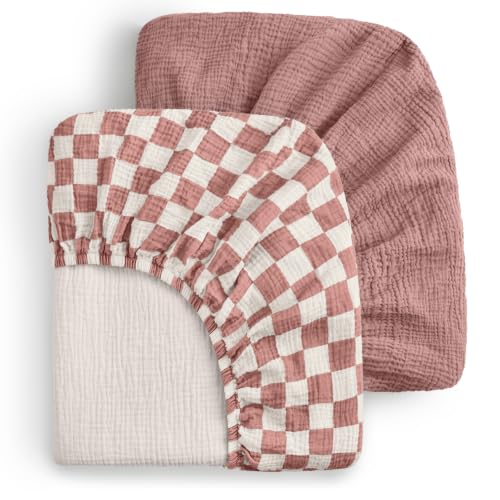 Image of Blissful Diary Muslin Crib Sheets, 2 Pack, Dusty Pink Checkboard & Pink | fitted for 52''x28'' crib mattress, soft and breathable cotton, boho style, easy care for machine wash, gift for boy and girl