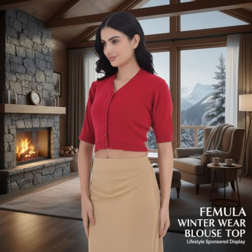 Image of Women Winter Wear V-Neck Half Sleeves Regular Fit Woollen Blouse
