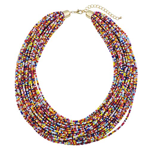 Bocar Multi Layer Chunky Bib Statement Seed Beads Cluster Collar Necklace for Women Gift (NK-10351-multicolor)