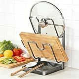 Kitchen Pot Lid Storage Rack, Stainless Steel Pot Lid Holder While Cooking & Spoon Rest, Multifunctional Pot Lid Organizer with Removable Drip Tray for Countertop, Space-Saving Lid Rack (Black2)