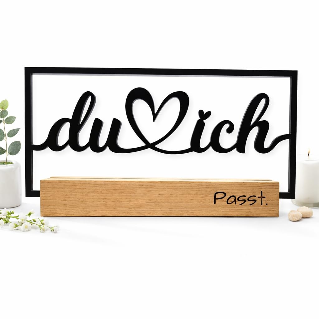 Deko-Schriftzug „du ich – passt“ aus Holzdekor mit Eichensockel | moderne Tischdeko | romantisches Wohnaccessoire | Geschenk für Paare, Hochzeit, Jahrestag, Valentinstag