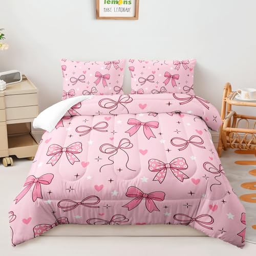 Image of AILONEN Girly Ribbon Comforter Full 3 Piece Preppy Pink Heart Bedspread Breathable Fabric Padded Quilt Teens Cool Room Decoration Trendy Magenta Cover 2 Shams