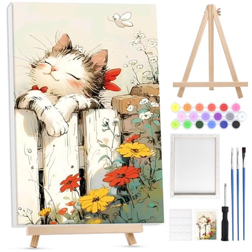 Lxmsja Chat Peinture Numero Enfant Adulte avec Cadre, avec Chevalet en Bois, Peinture par Numero Adulte Animaux, Numéro d'art avec Pinceaux, Loisirs Créatifs...