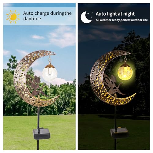 AcaJoe Solar Lights Outdoor Garden Ornaments Outdoor Waterproof Moon Fairy Solar Crackle Glass Lights LED Metal Stake Ornament for Walkway Patio Lawn Decorations-Unique Gift Ideas for Mum Gardening - Image 5