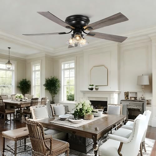 Image of 52 inch Flush Mount Vintage Ceiling Fan with Lights and Remote Control, Farmhouse Rustic Ceiling Fan Low Profile Fandelier Chandelier for Bedroom Living Room Kitchen, 3 E26 Bulbs (Not Included)