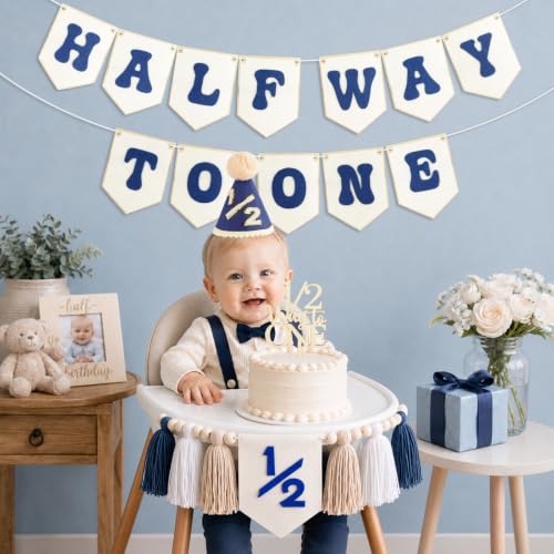 Image of THAWAY 1 /2 Birthday Boy Decorations, Blue Half Way to One Banner Set | Felt banner;wooden cake topper;1 /2 hat;baby boy 6 month party