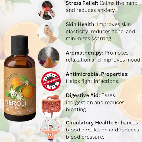 Image of Heilen Biopharm Neroli Essential Oil - 50 mL Bottle Pack of 1,For Calming & Soothing Scalp & Body, (Citrus aurantium)