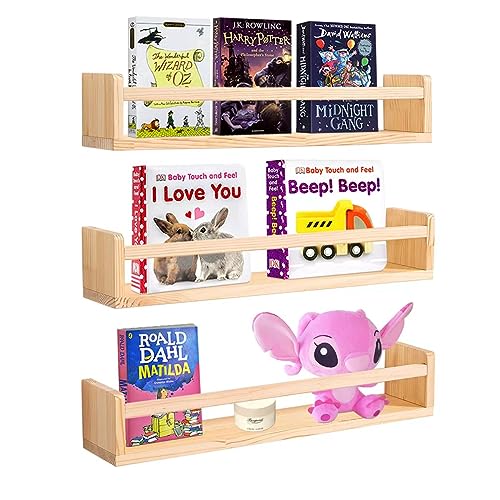 Image of MBYD 24 Inch Floating Bookshelves, Handmade Natural Wood Wall Shelf, Wall Book Shelf for Kitchen Spice Rack or Bathroom Shelves, Set of 3 Same Dimensions
